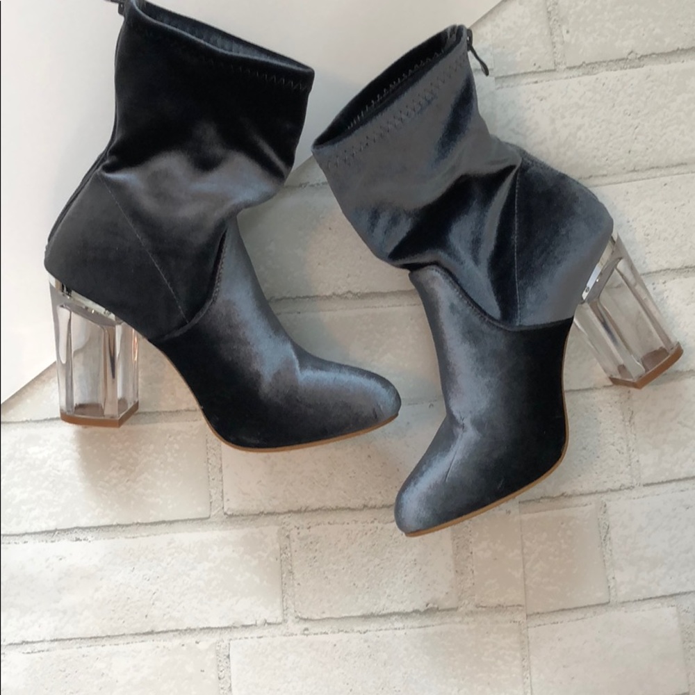 Gray velvet bootie with Perspex heels